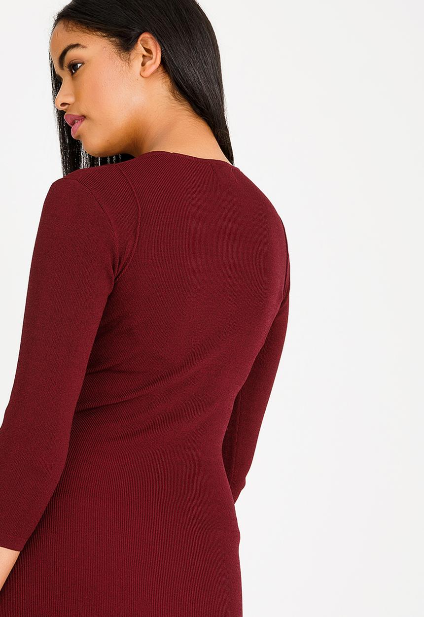 edit - Wrap over semi fitted dress - burgundy