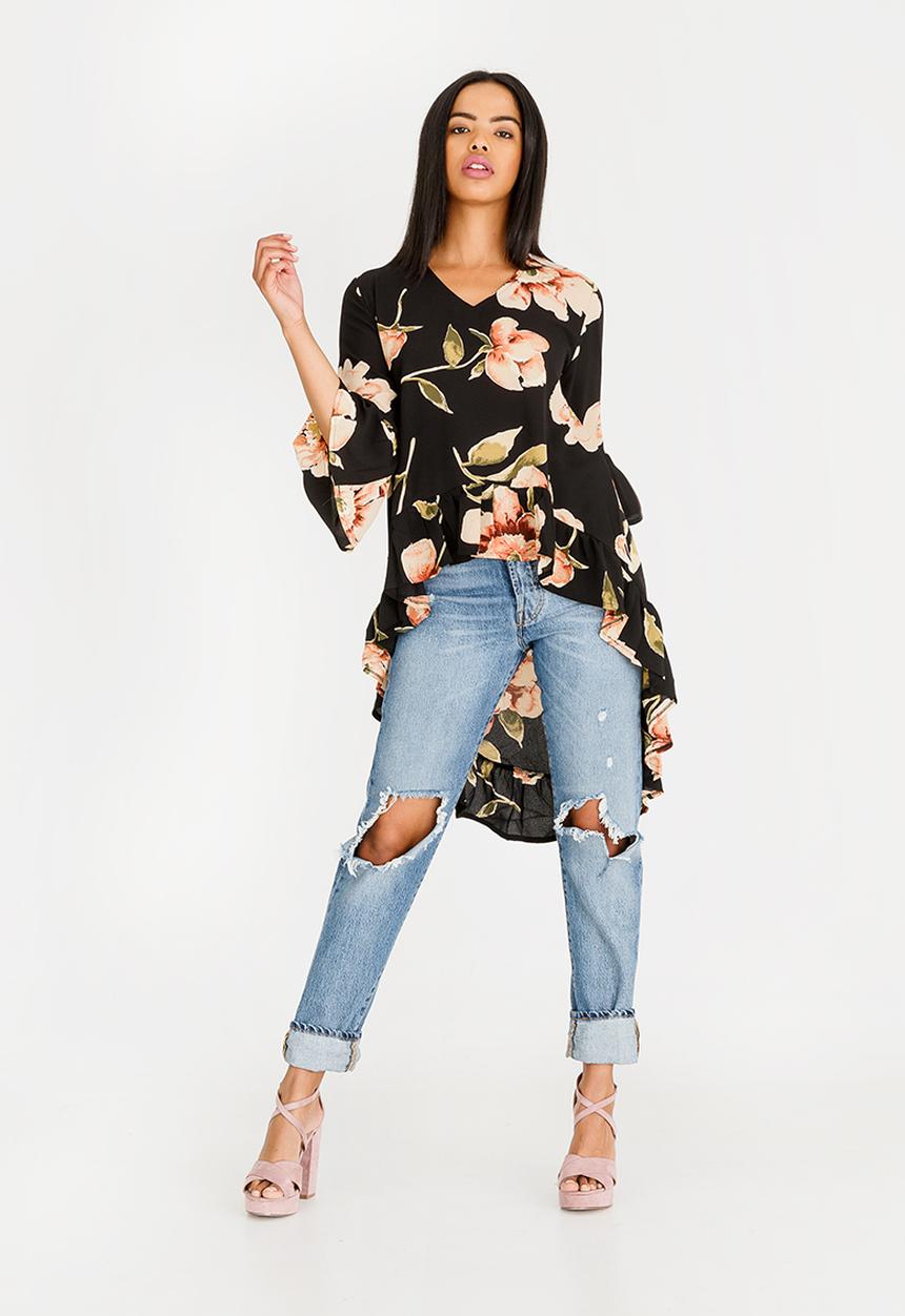 Revenge - V Neck High Low Floral Tunic Black