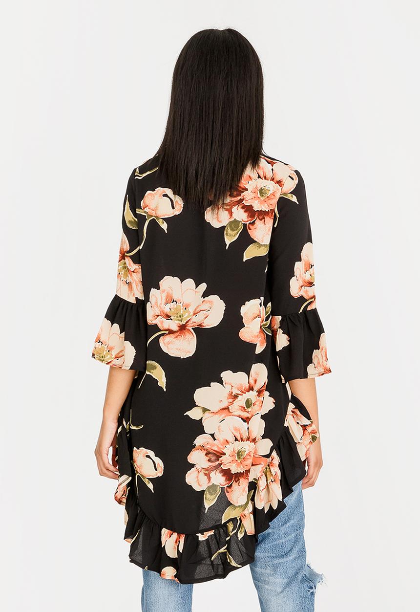 Revenge - V Neck High Low Floral Tunic Black