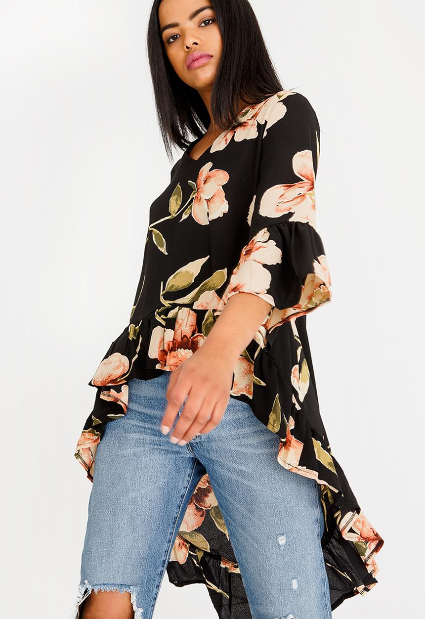 Revenge - V Neck High Low Floral Tunic Black
