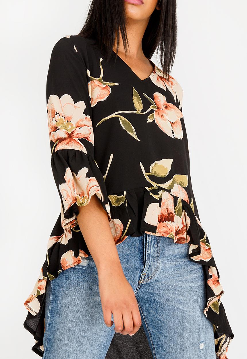 Revenge - V Neck High Low Floral Tunic Black