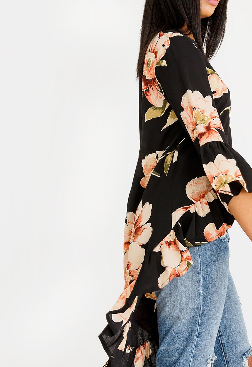 Revenge - V Neck High Low Floral Tunic Black