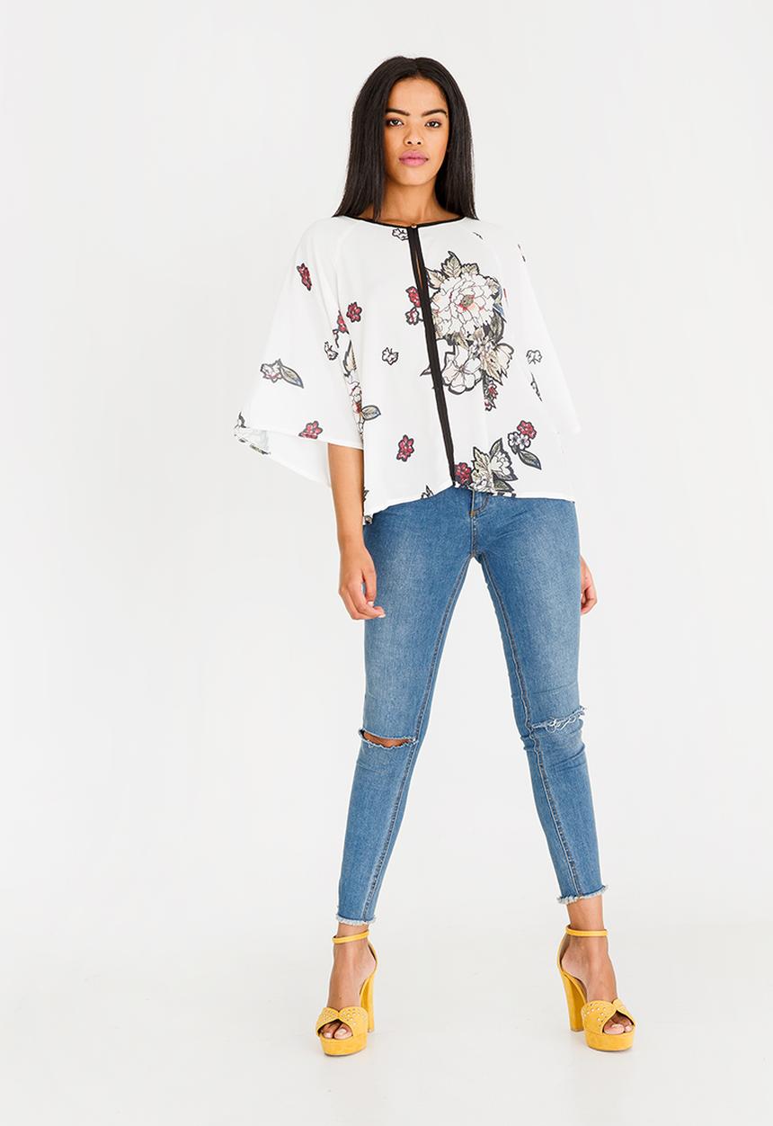 Revenge - Floral Top with Piping Contrast White