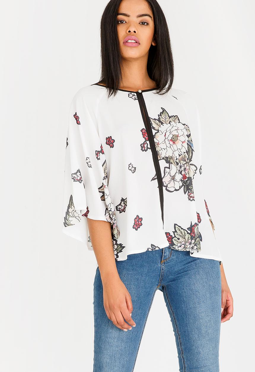Revenge - Floral Top with Piping Contrast White