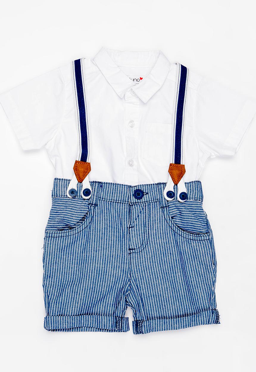 MINOTI - Tide 2 Piece Poplin Shirt with Braces & Ticking St Blue and White