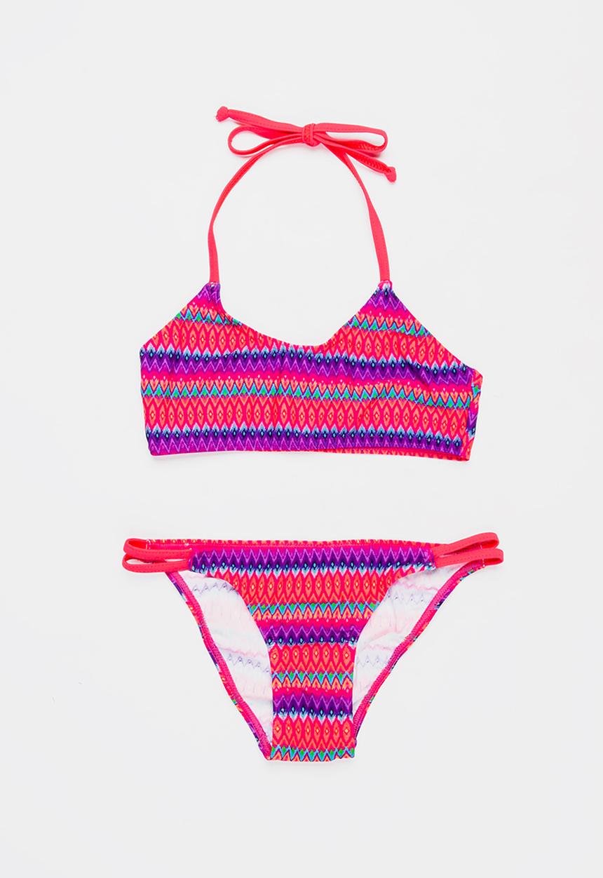 Sun Things - Neon Zig Zag Bralet & Strappy Bottom Set Dark Pink
