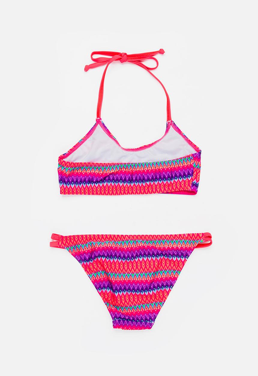 Sun Things - Neon Zig Zag Bralet & Strappy Bottom Set Dark Pink