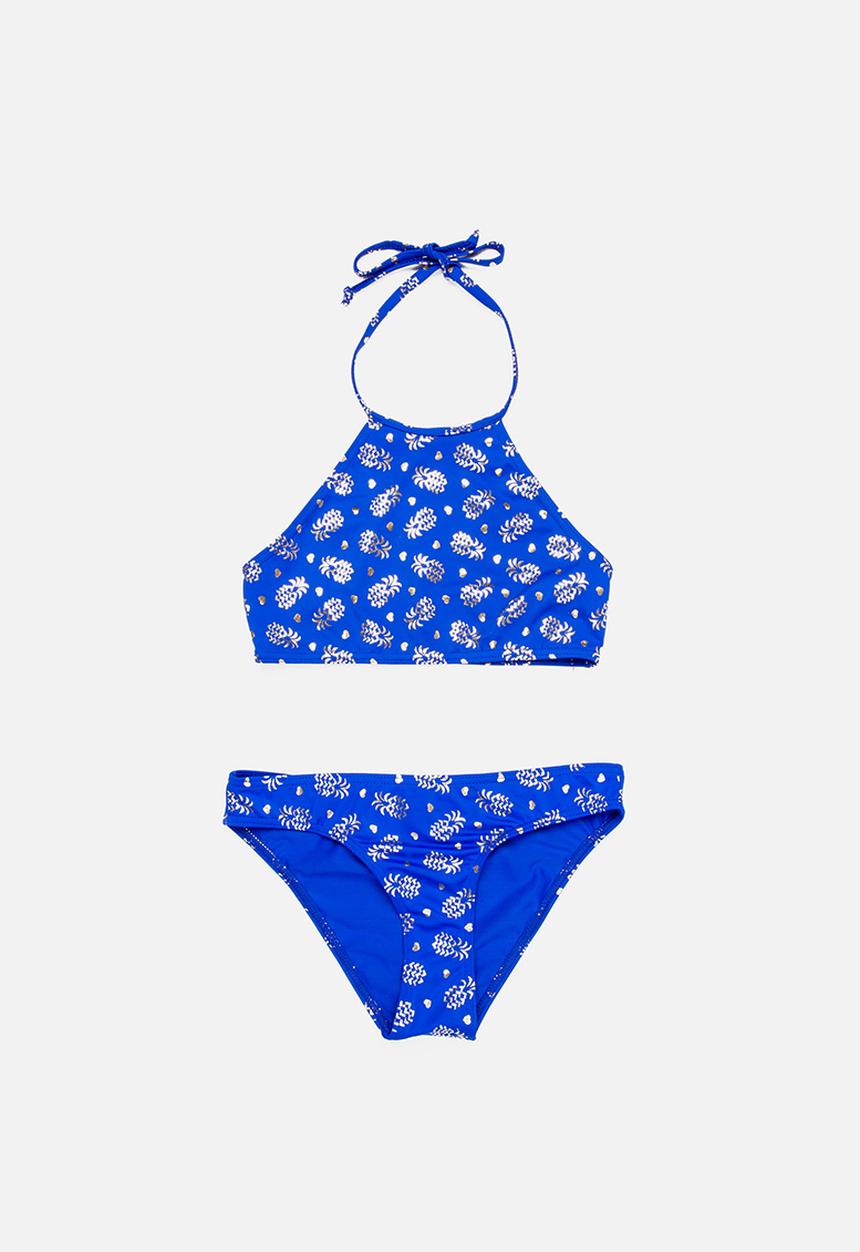 Sun Things - Foil Pinapple Halter Top & Bottom Set Blue