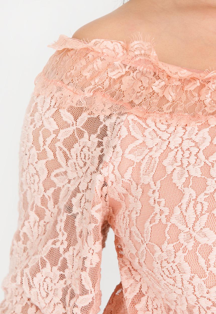 edit Plus - Lace Bardot Blouse Mid Pink