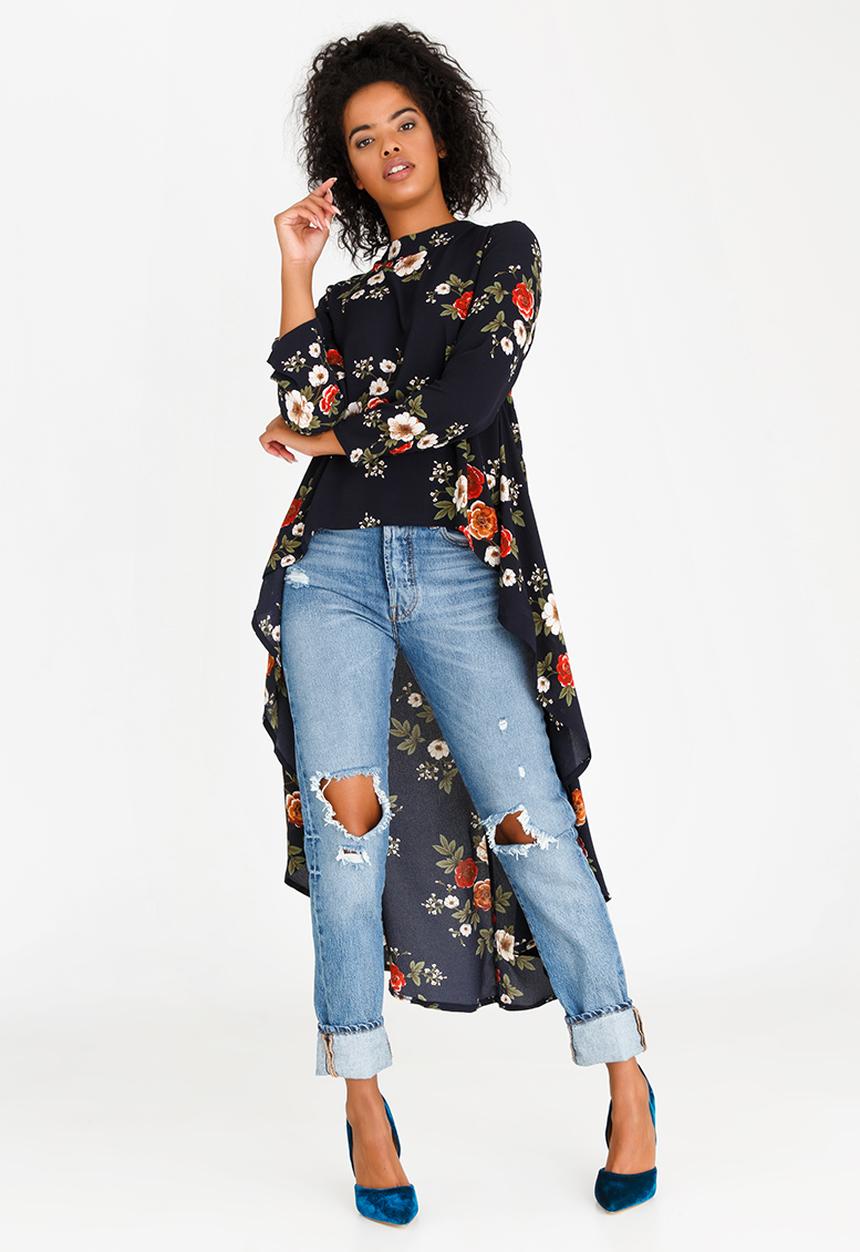 Revenge - Floral Print High-low Top Navy