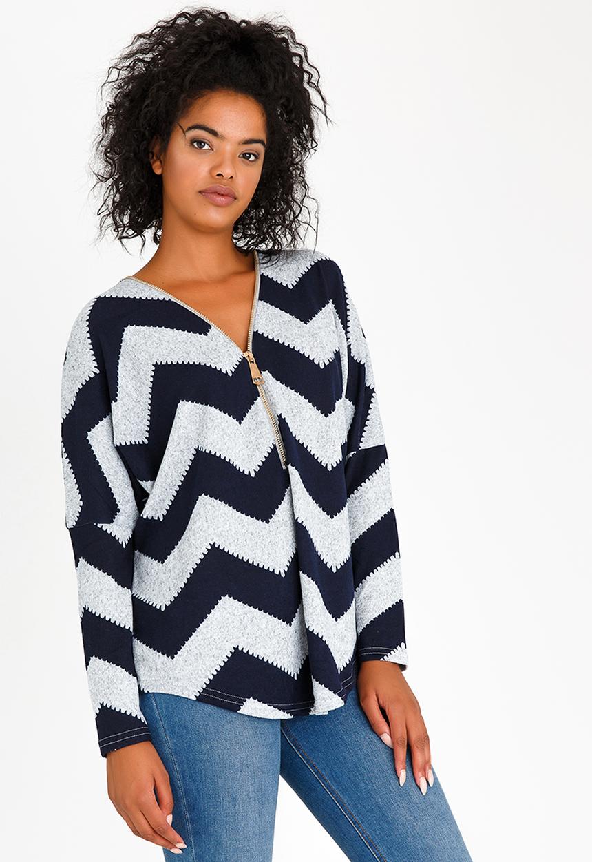 Revenge - Zig Zag Print Top Navy