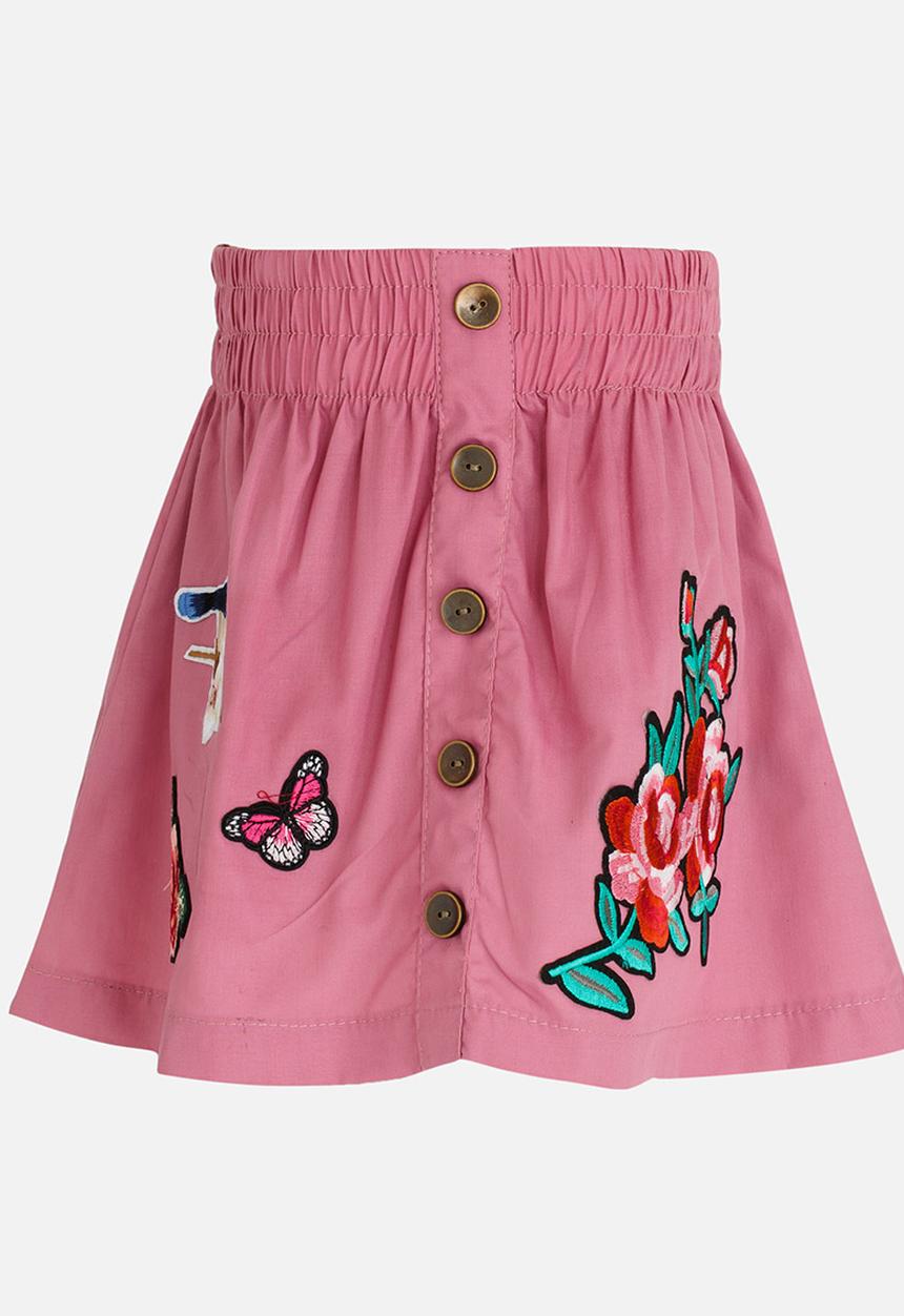 See-Saw - Button Through A-Line Skirt with Applique Mid Pink