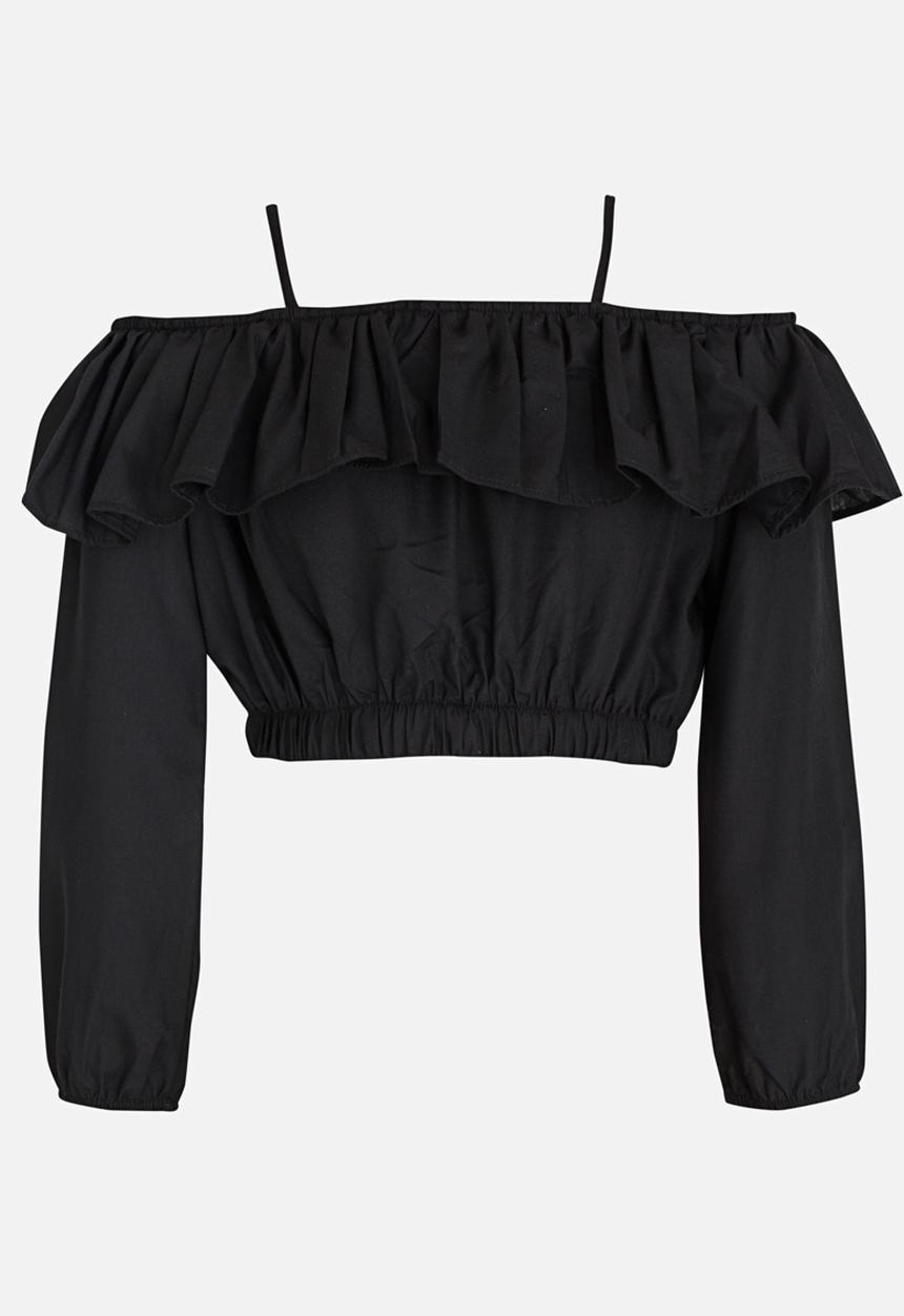 Rebel Republic - Bardot Flounce Cropped Blouse Black