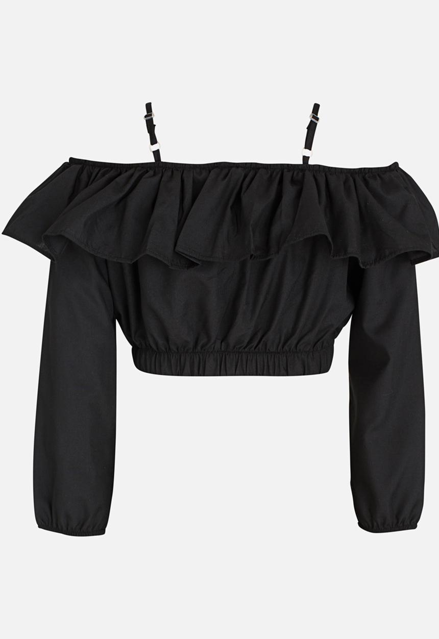 Rebel Republic - Bardot Flounce Cropped Blouse Black