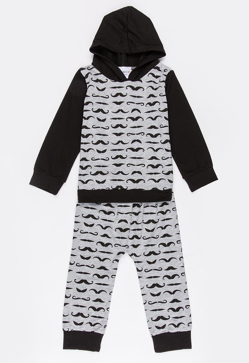 Pop Candy - Moustache printed hooded set  - grey & black 