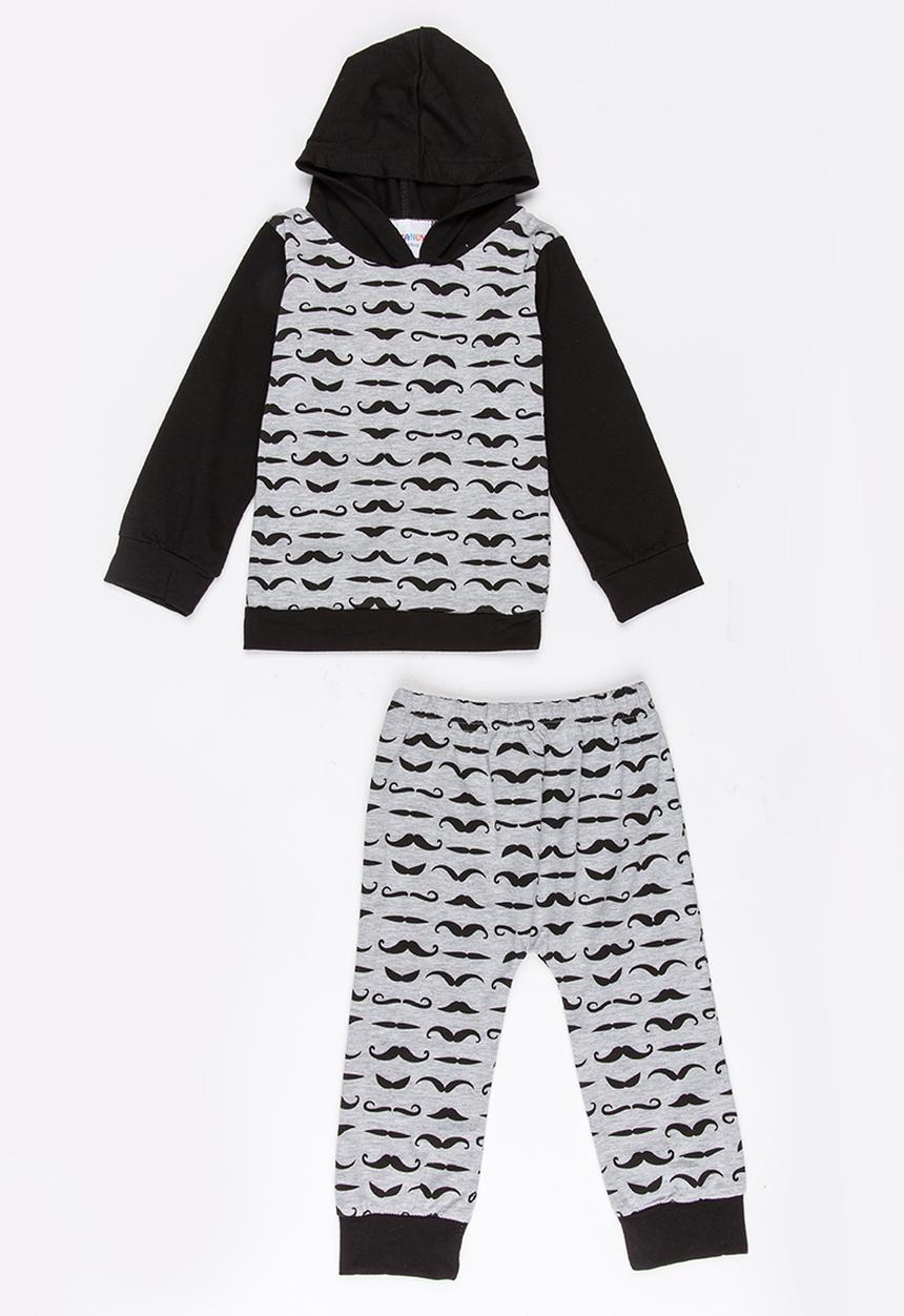 Pop Candy - Moustache printed hooded set  - grey & black 