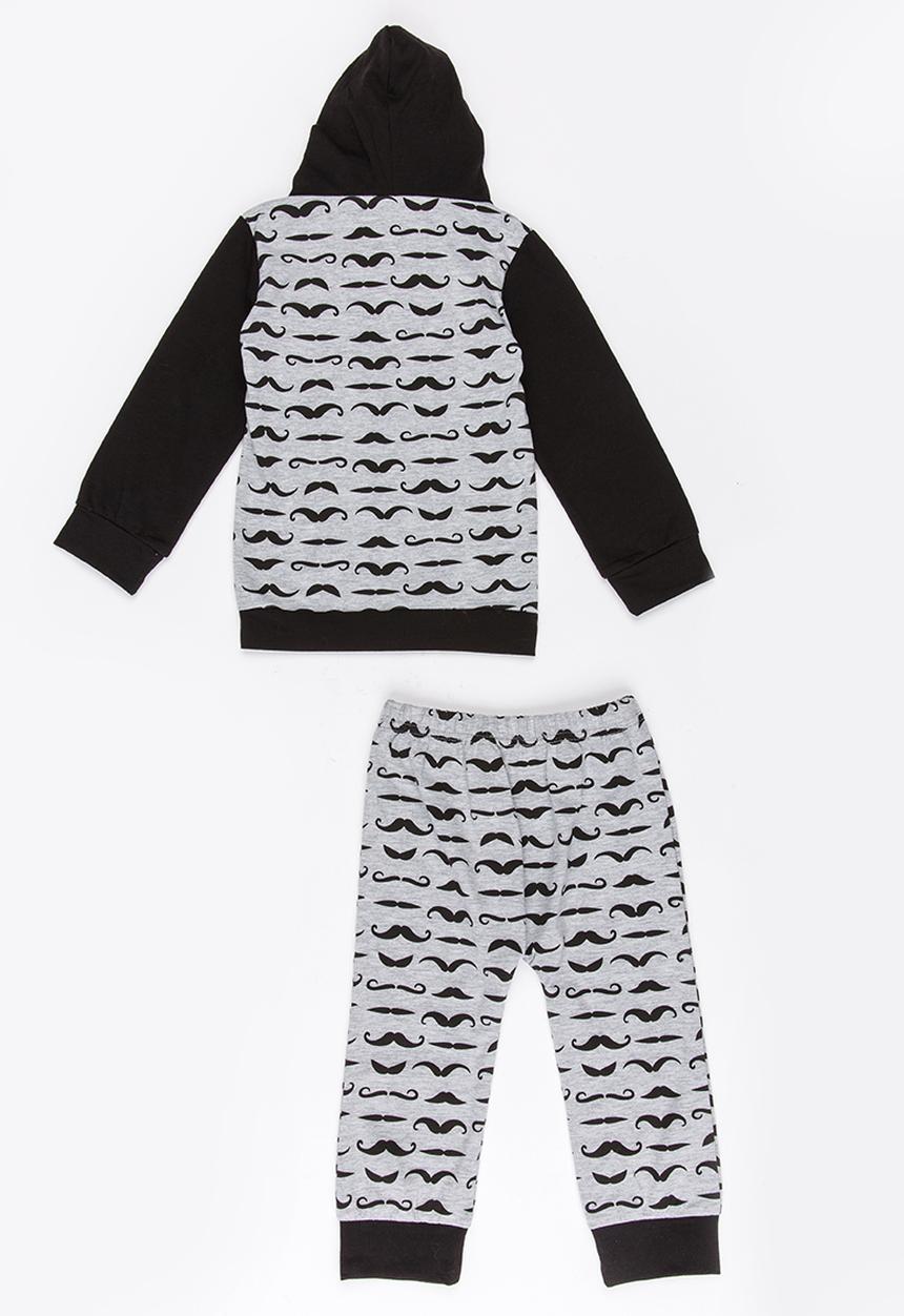 Pop Candy - Moustache printed hooded set  - grey & black 