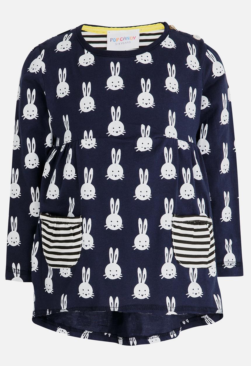 Pop Candy - Printed Long Sleeve Dress Navy & White