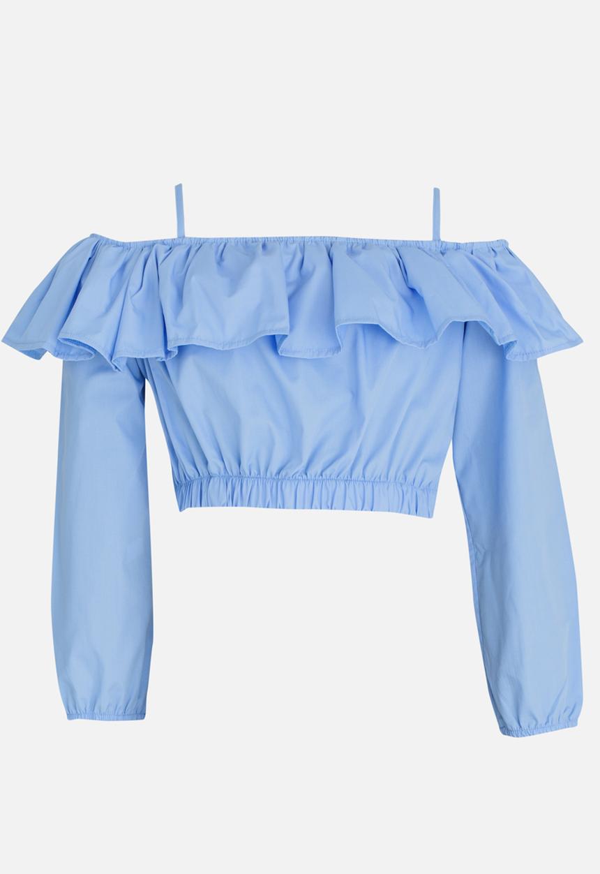 Rebel Republic - Bardot Flounce Cropped Blouse Blue