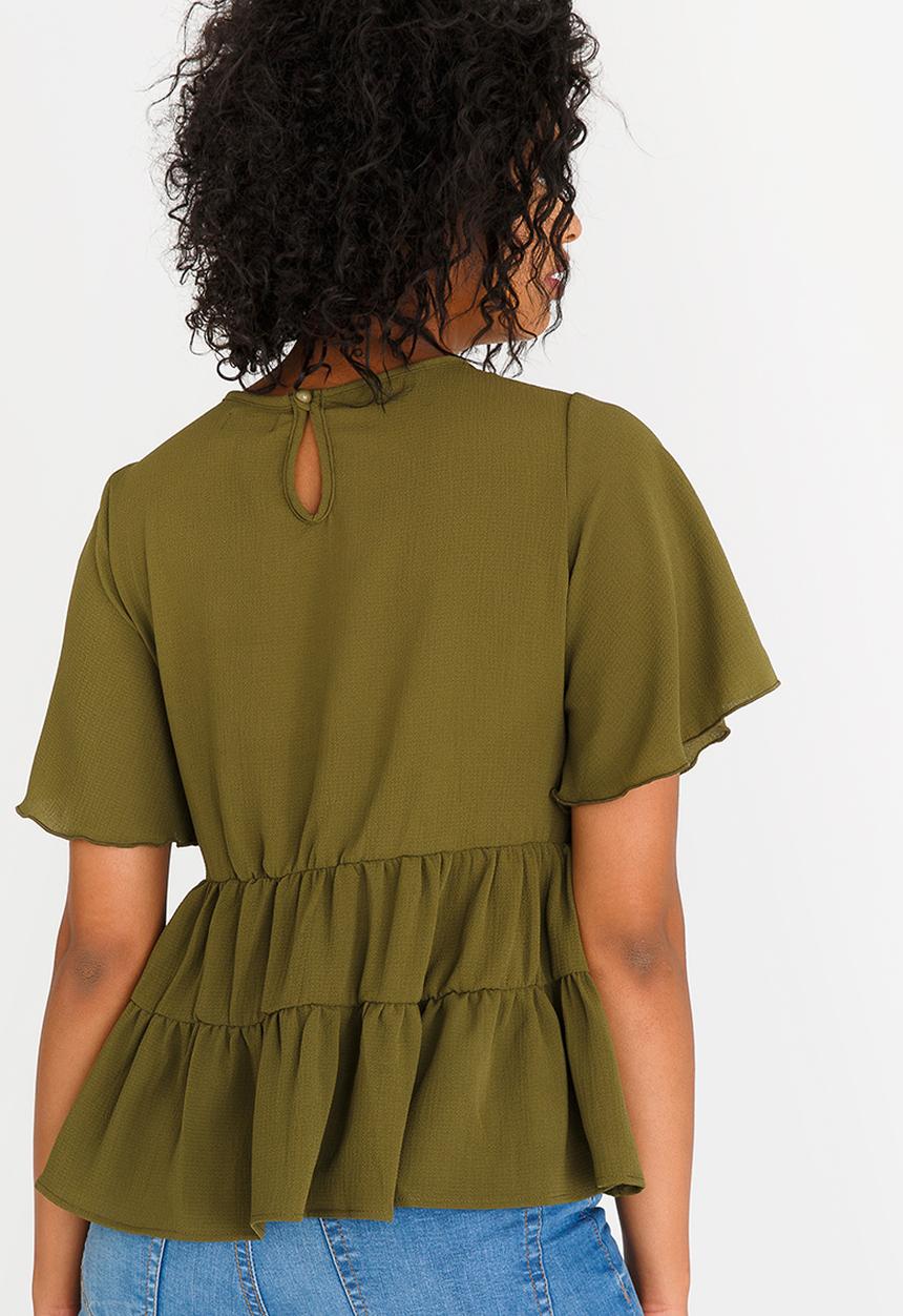 edit - Tiered Frilly Blouse Khaki Green