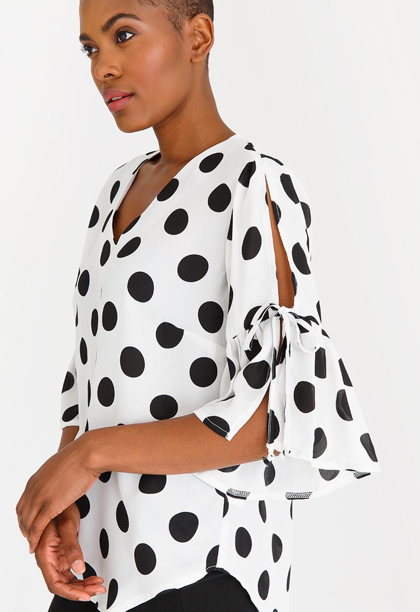 edit - Flutter Sleeve Blouse with Ties Black and White
