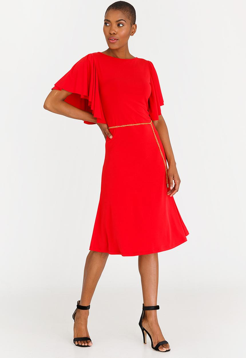 edit - Flutter Sleeve Dress with Belt Red
