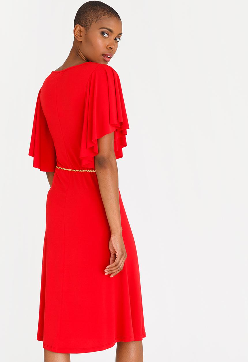 edit - Flutter Sleeve Dress with Belt Red