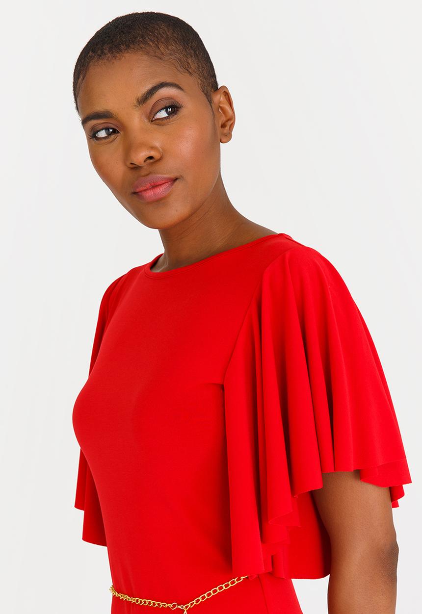 edit - Flutter Sleeve Dress with Belt Red