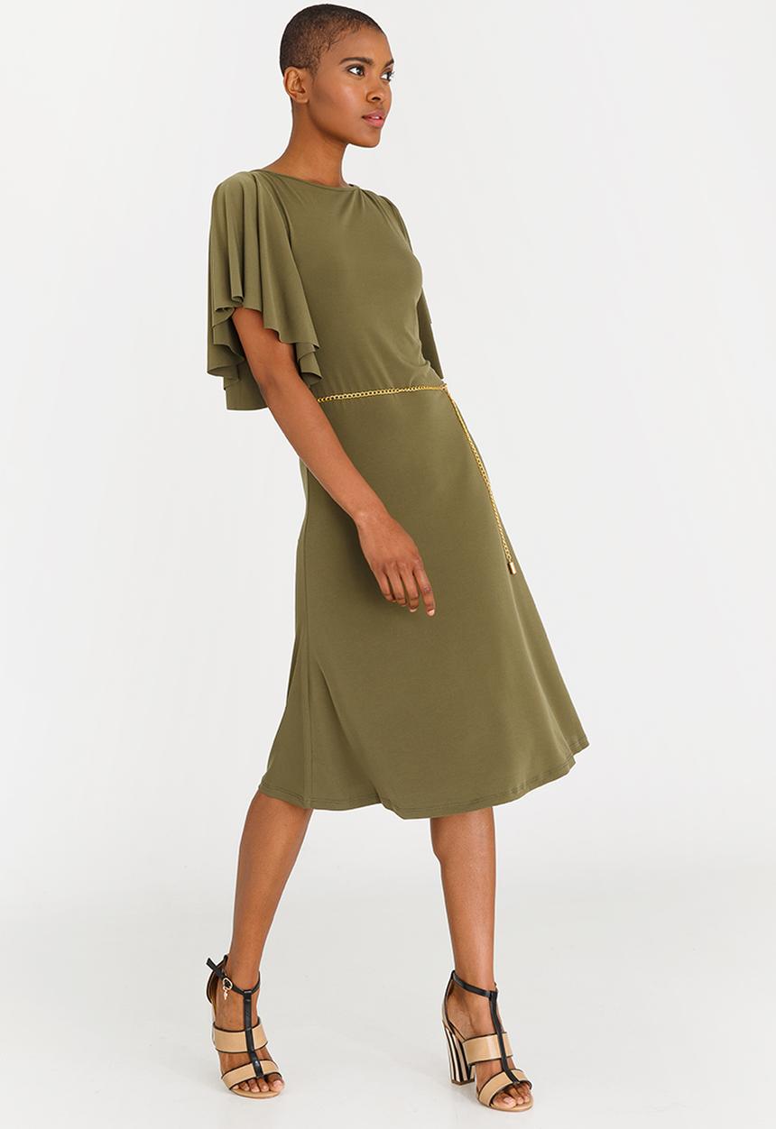 edit - Flutter Sleeve Dress with Belt Khaki Green