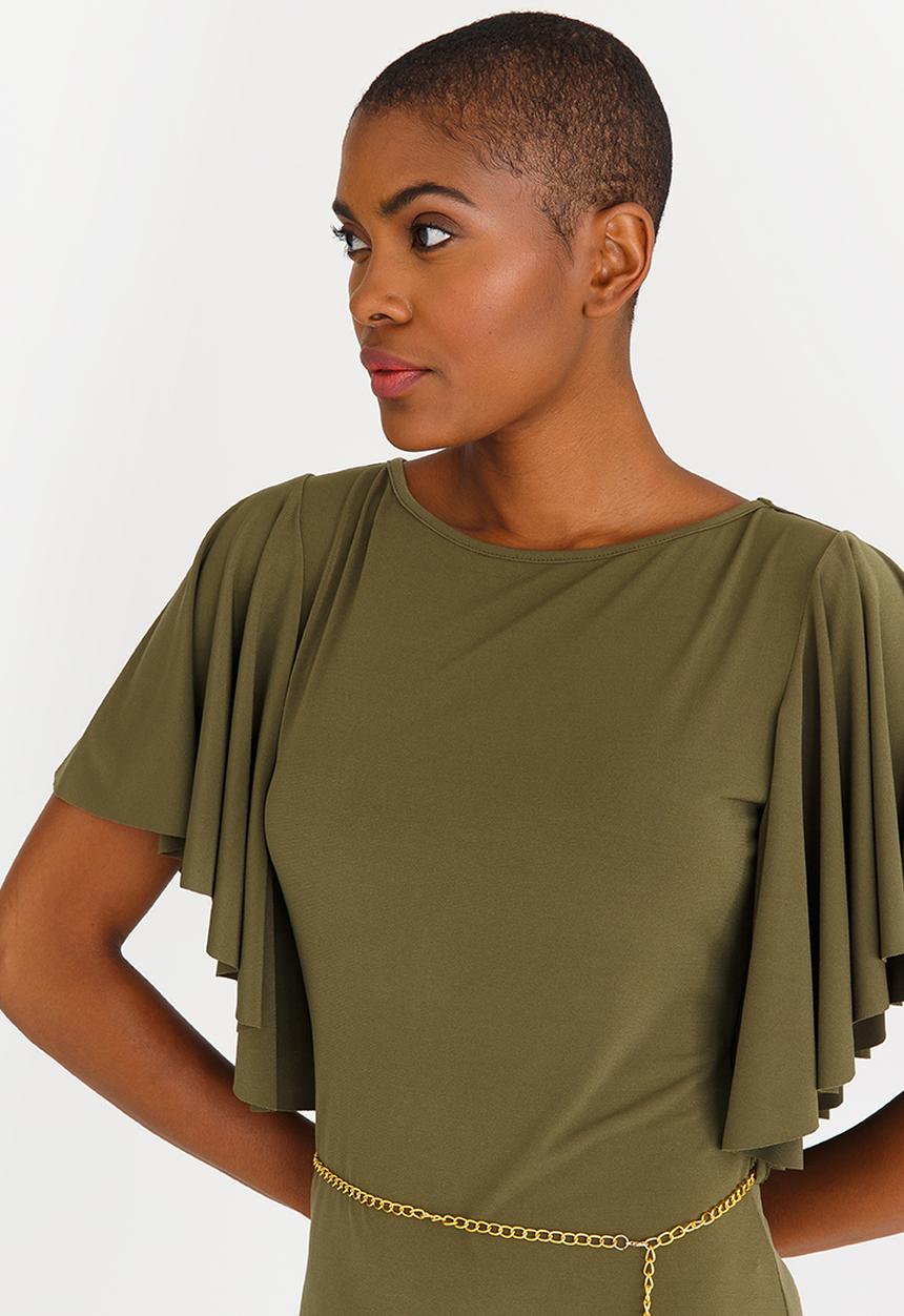 edit - Flutter Sleeve Dress with Belt Khaki Green