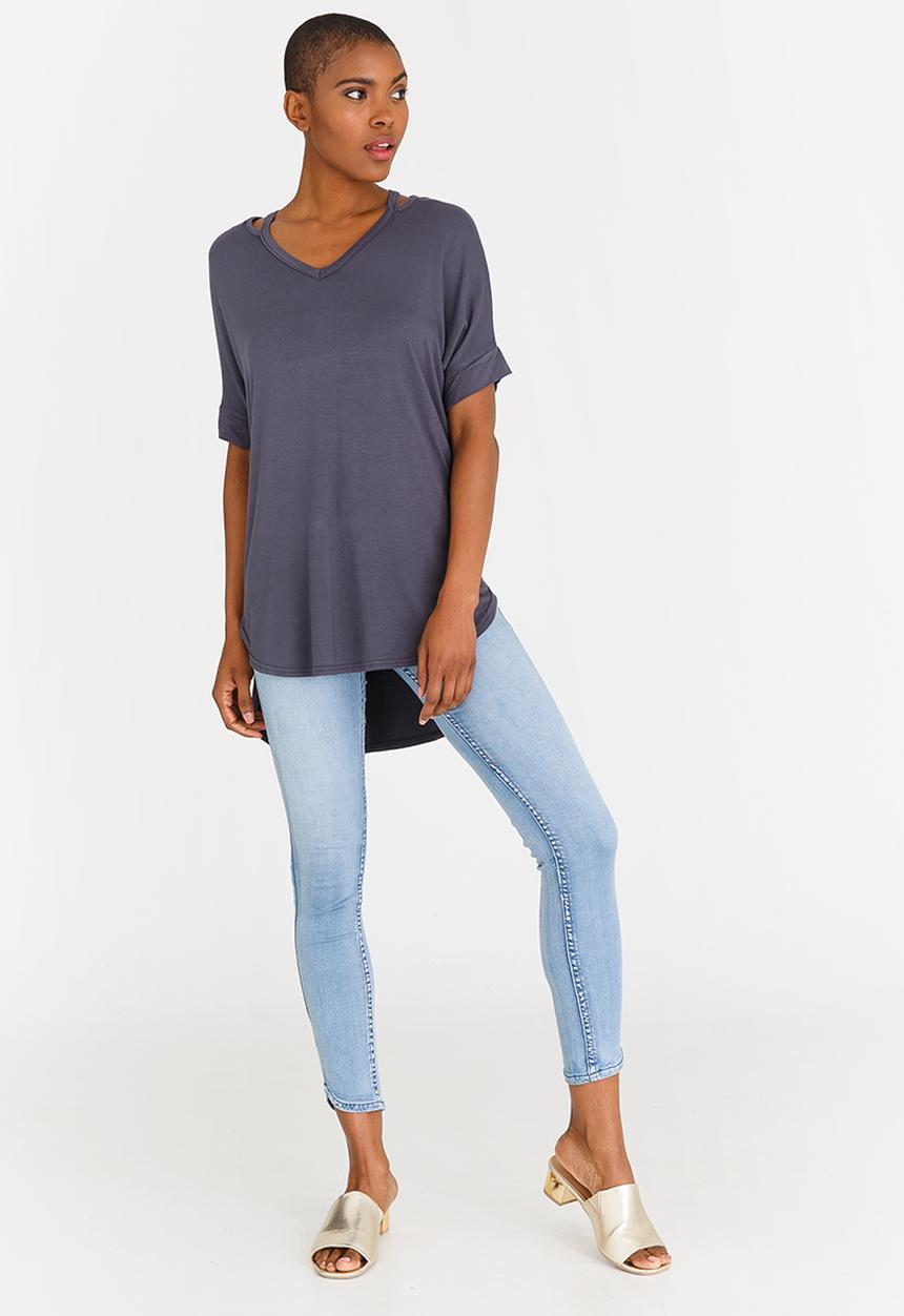 edit - Cut Out Neckline Oversized Top Charcoal