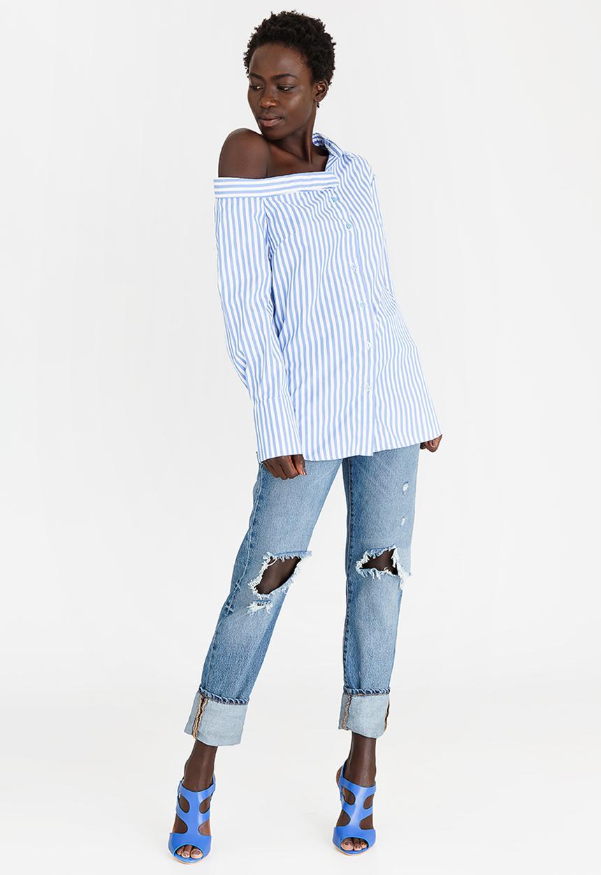 STYLE REPUBLIC - Striped Off the Shoulder Shirt Blue and White