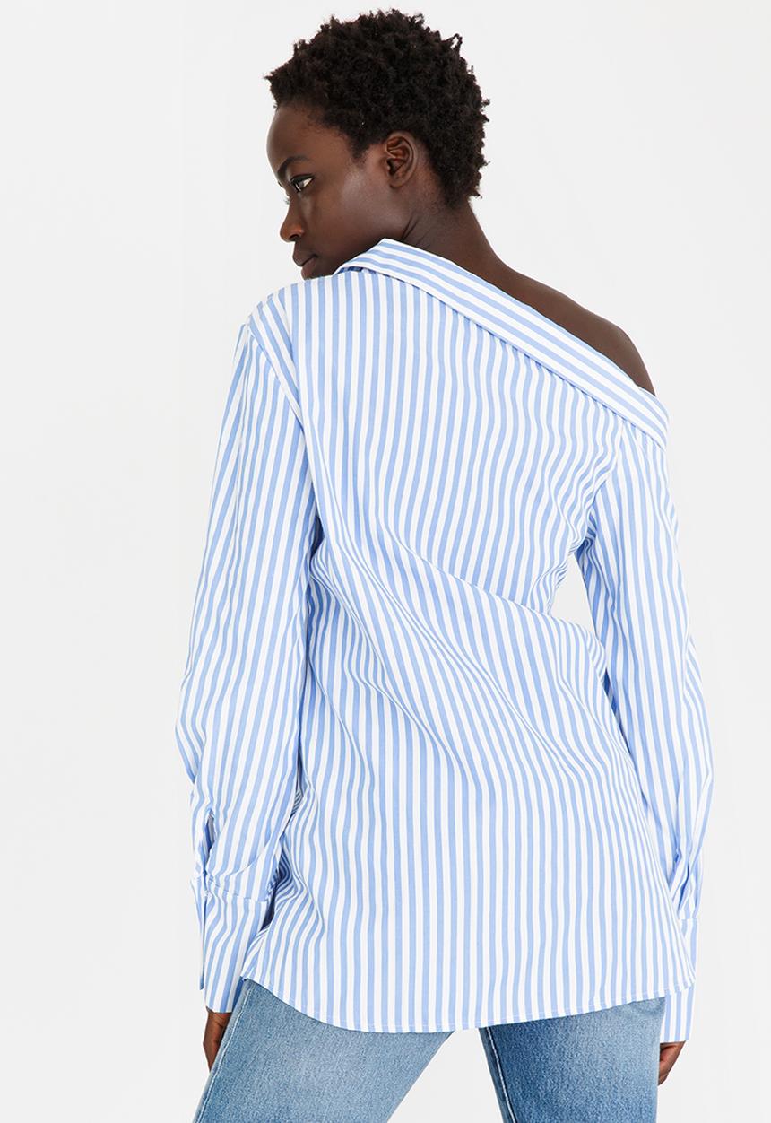 STYLE REPUBLIC - Striped Off the Shoulder Shirt Blue and White