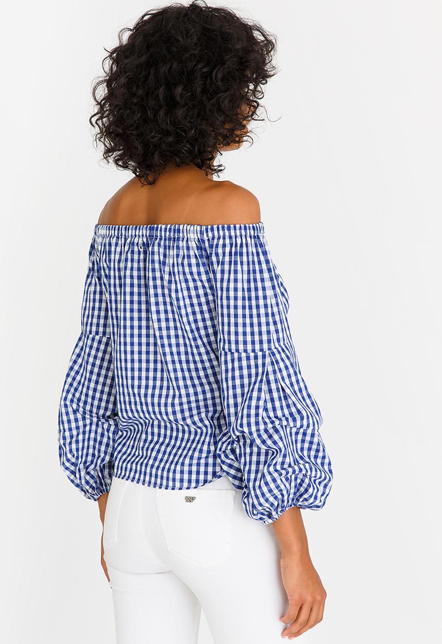 STYLE REPUBLIC - Ruched Sleeve Checked Bardot Blouse Blue and White