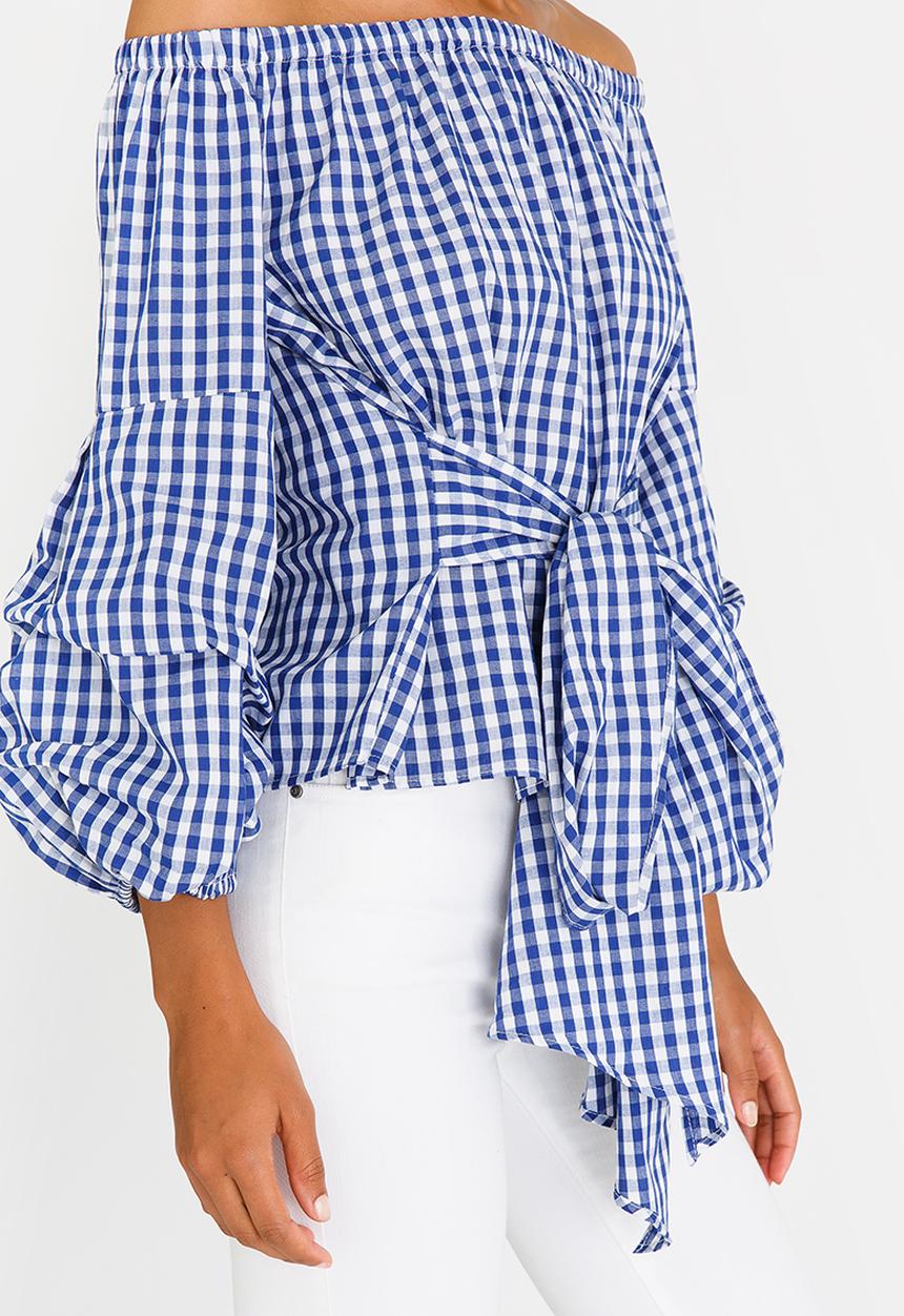 STYLE REPUBLIC - Ruched Sleeve Checked Bardot Blouse Blue and White