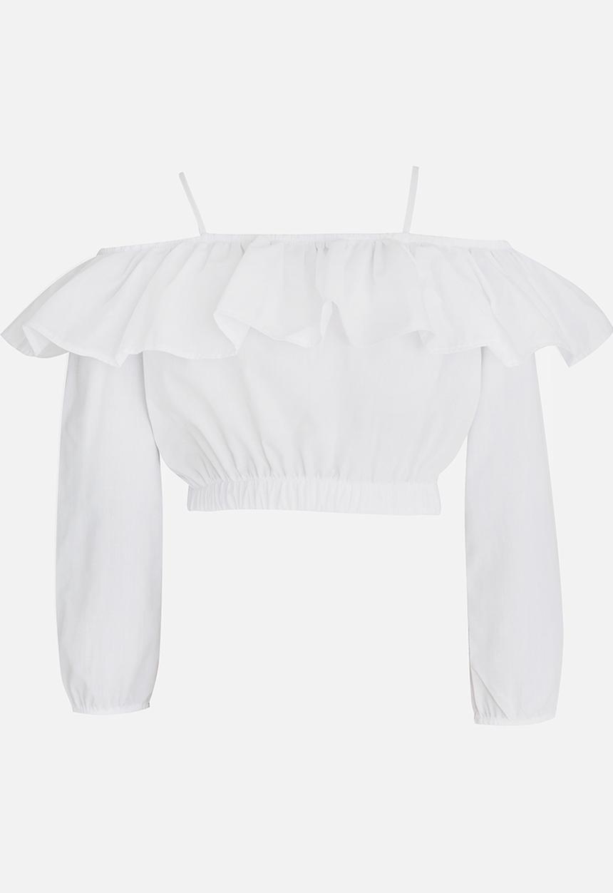 Rebel Republic - Bardot Flounce Cropped Blouse White