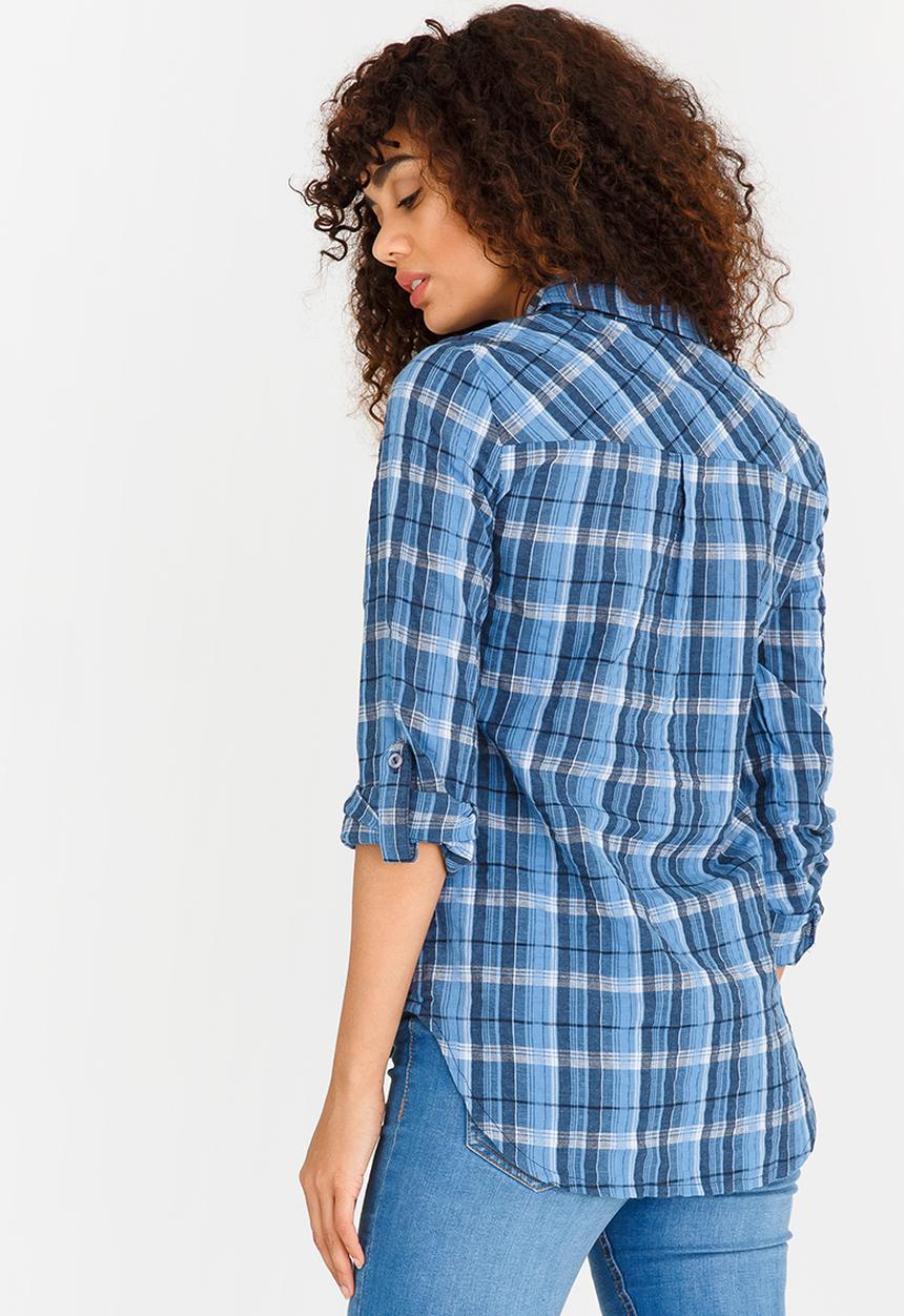 edit - Checked Shirt with Roll-up Sleeves Blue