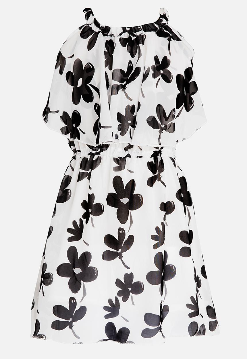 Pop Candy - Off Shoulder Flower Print Dress Black and White