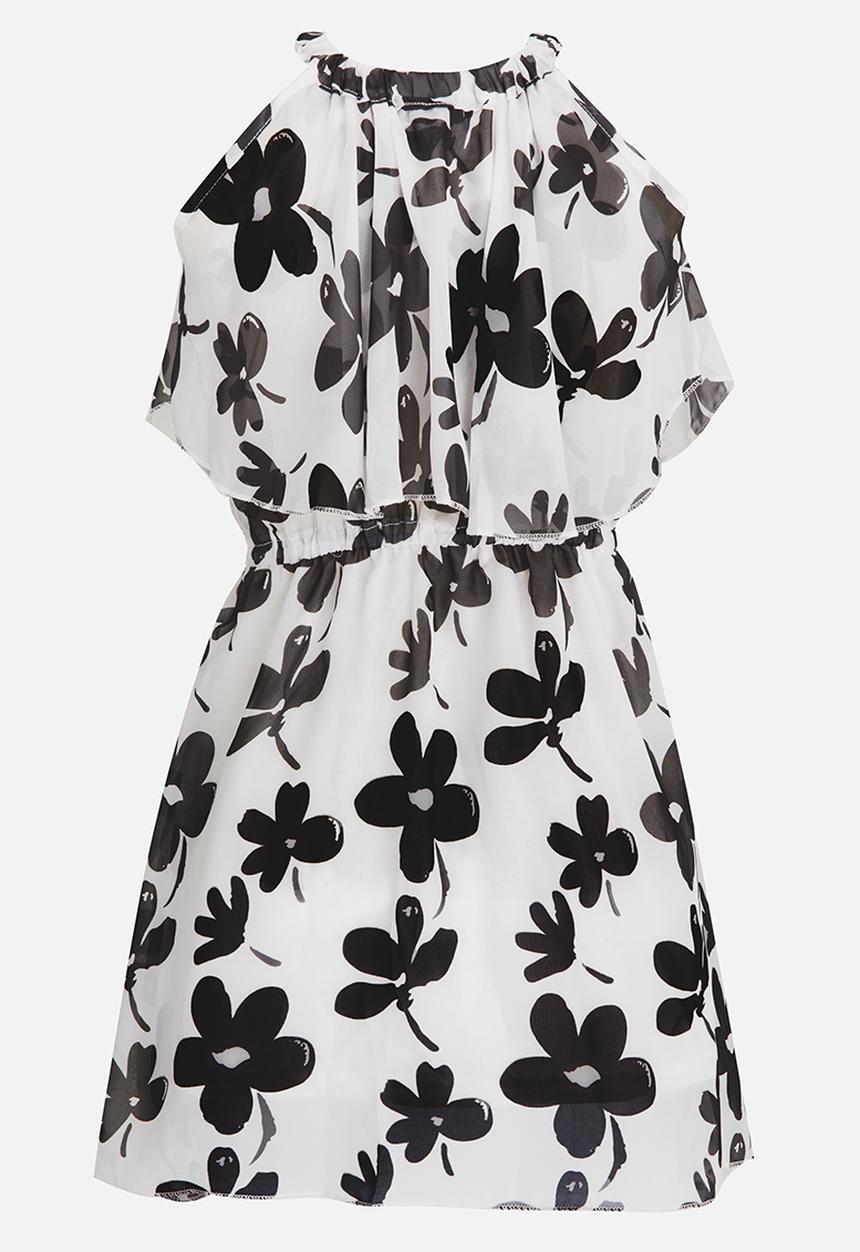 Pop Candy - Off Shoulder Flower Print Dress Black and White