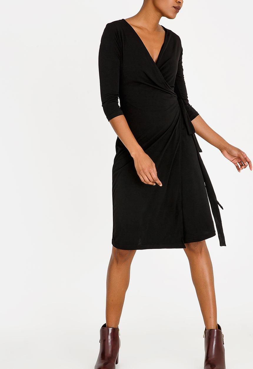 edit - Wrap Over Dress with 3/4 Sleeve Black
