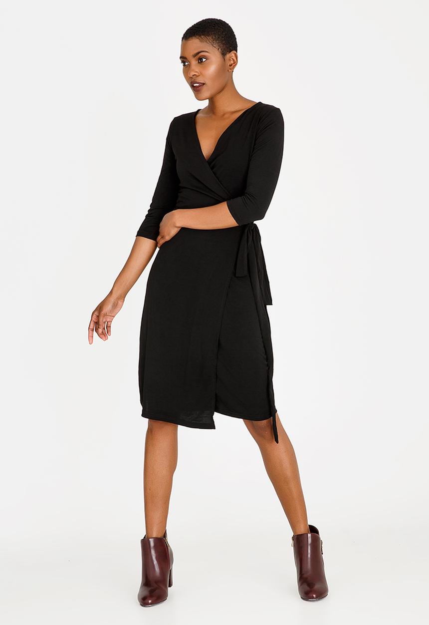 edit - Wrap Over Dress with 3/4 Sleeve Black