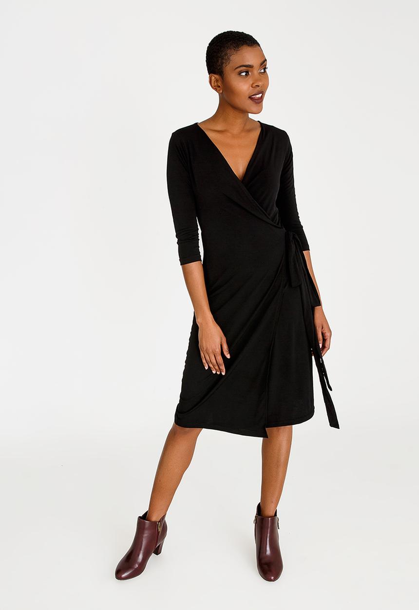 edit - Wrap Over Dress with 3/4 Sleeve Black