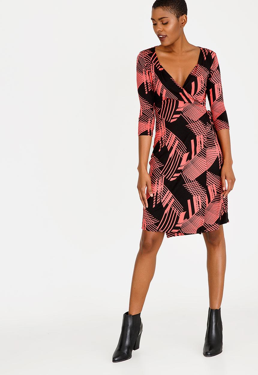 edit - Wrap Over Dress with 3/4 Sleeve Multi-colour