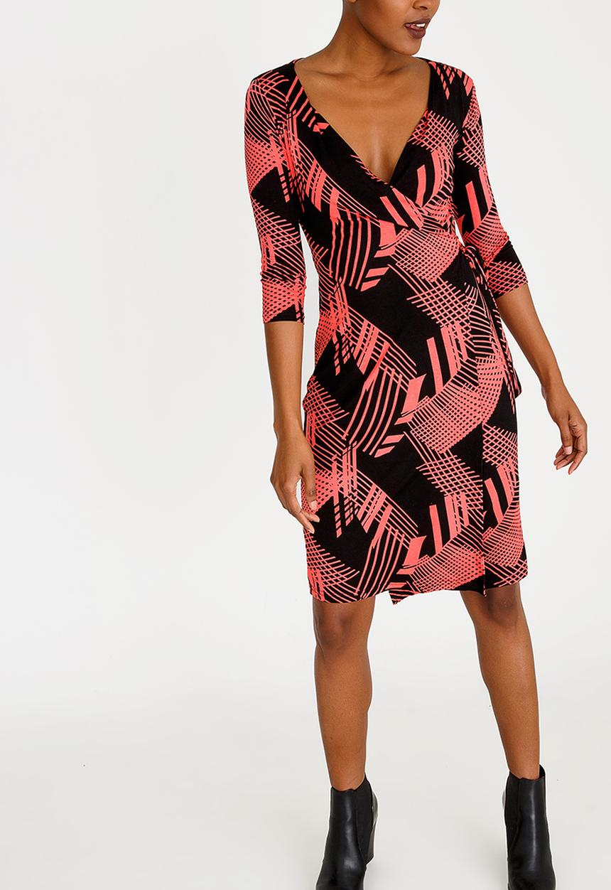 edit - Wrap Over Dress with 3/4 Sleeve Multi-colour
