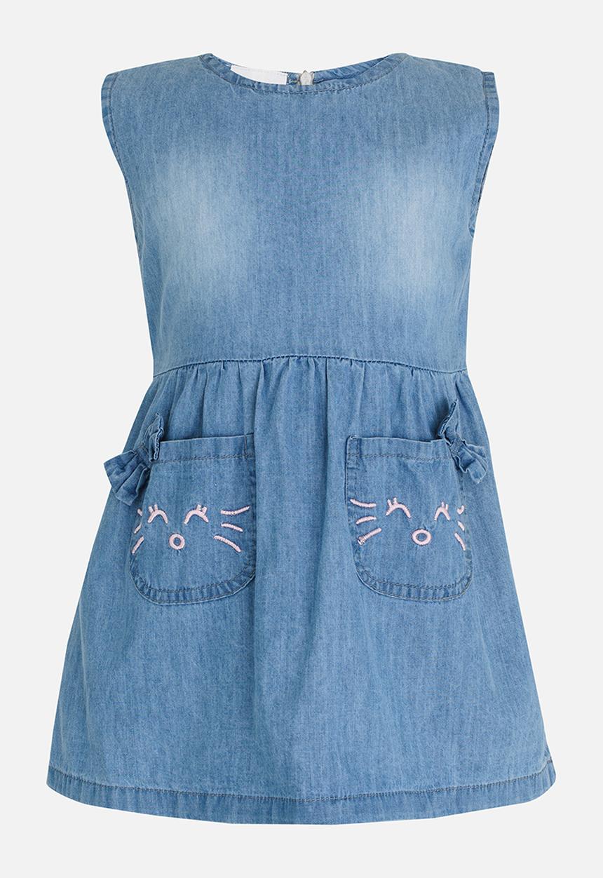 Pop Candy - Denim Dress with Patch Pockets Mid Blue