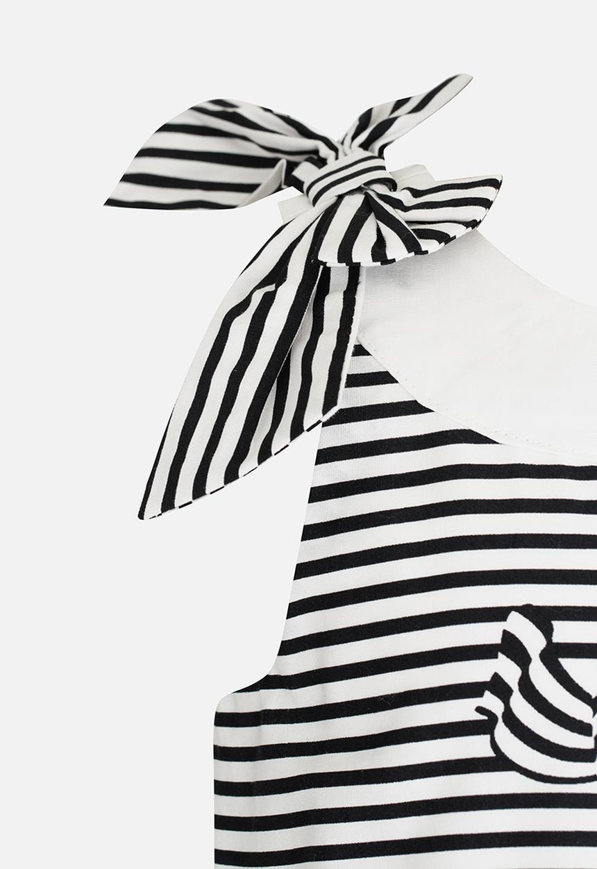Pop Candy - Bow Printed Stripe Dress Black