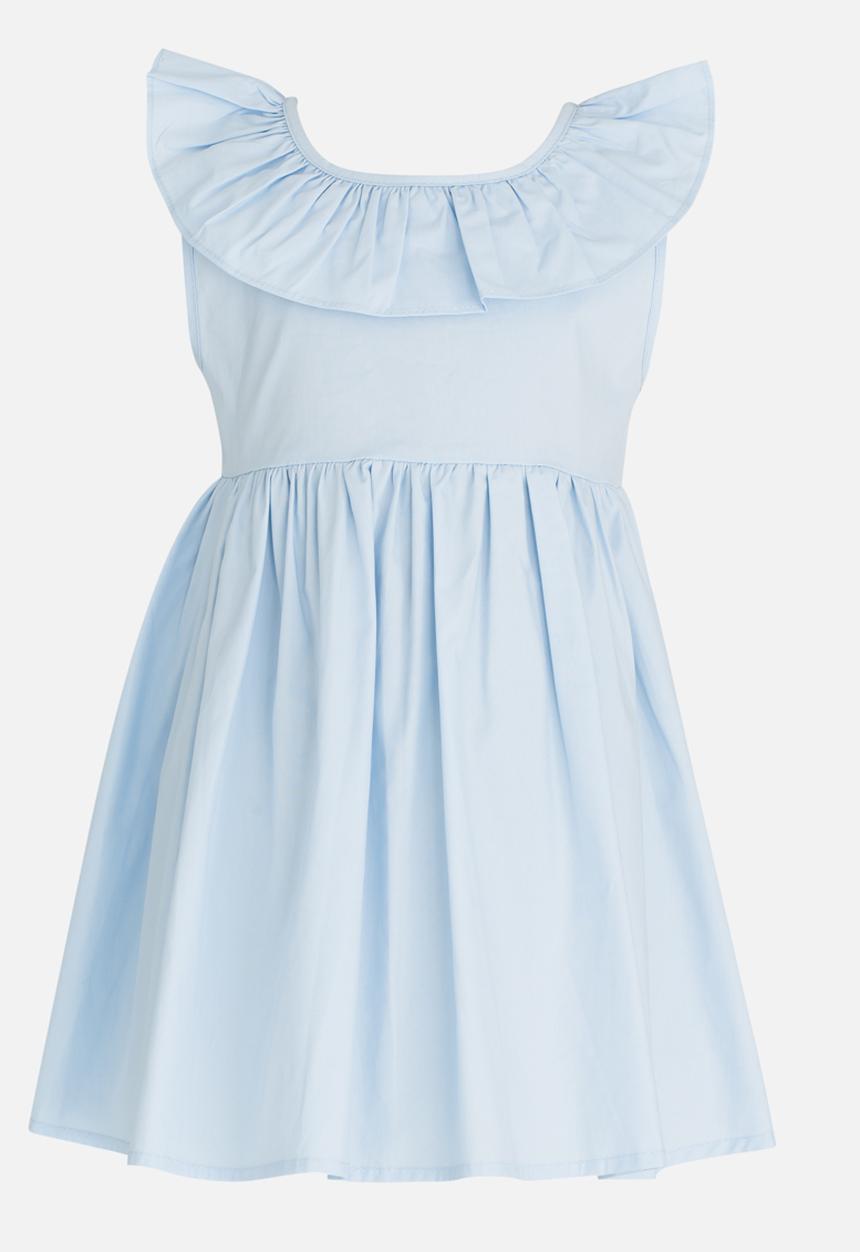 Pop Candy - Gathered Dress with Ruffle and Back Bow detail Mid Blue