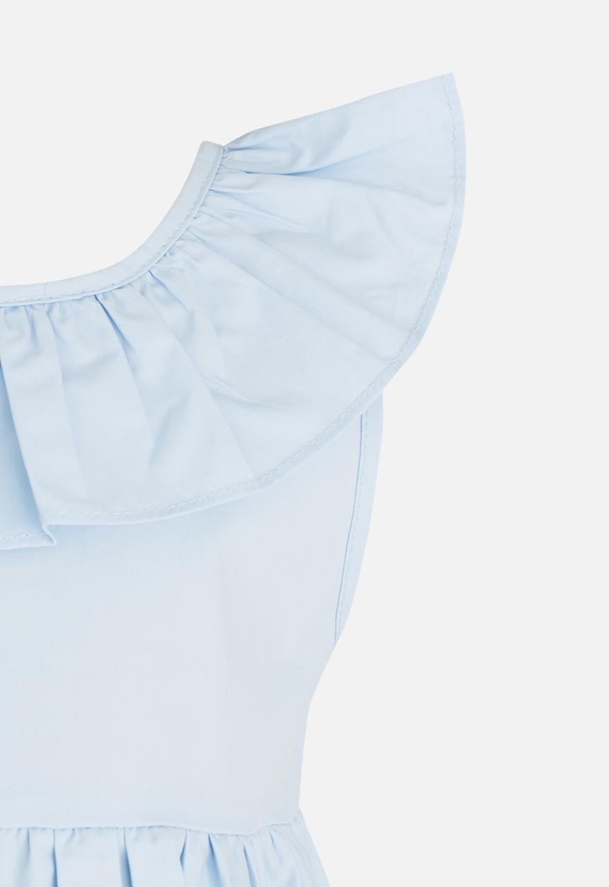 Pop Candy - Gathered Dress with Ruffle and Back Bow detail Mid Blue