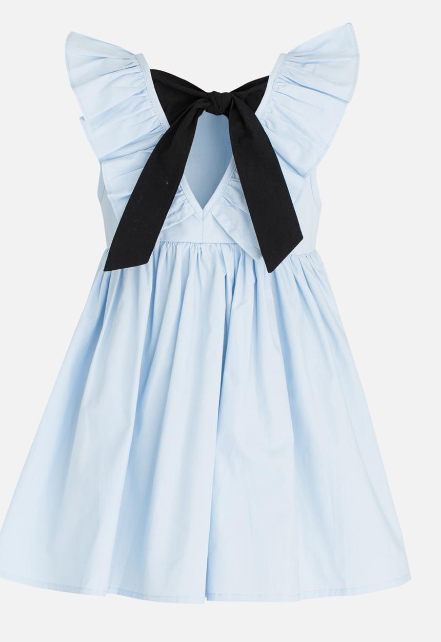 Pop Candy - Gathered Dress with Ruffle and Back Bow detail Mid Blue