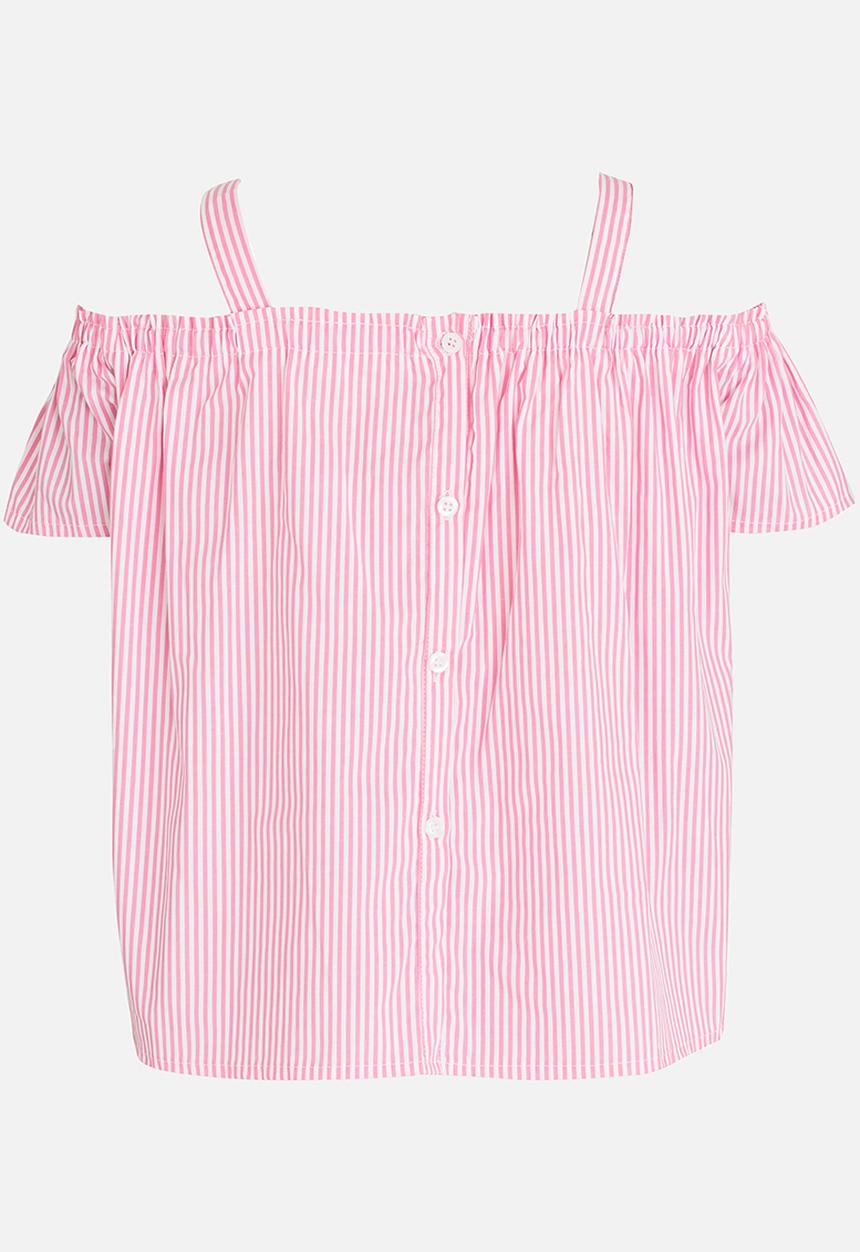 Pop Candy - Stripe Print Off Shoulder Top Pale Pink